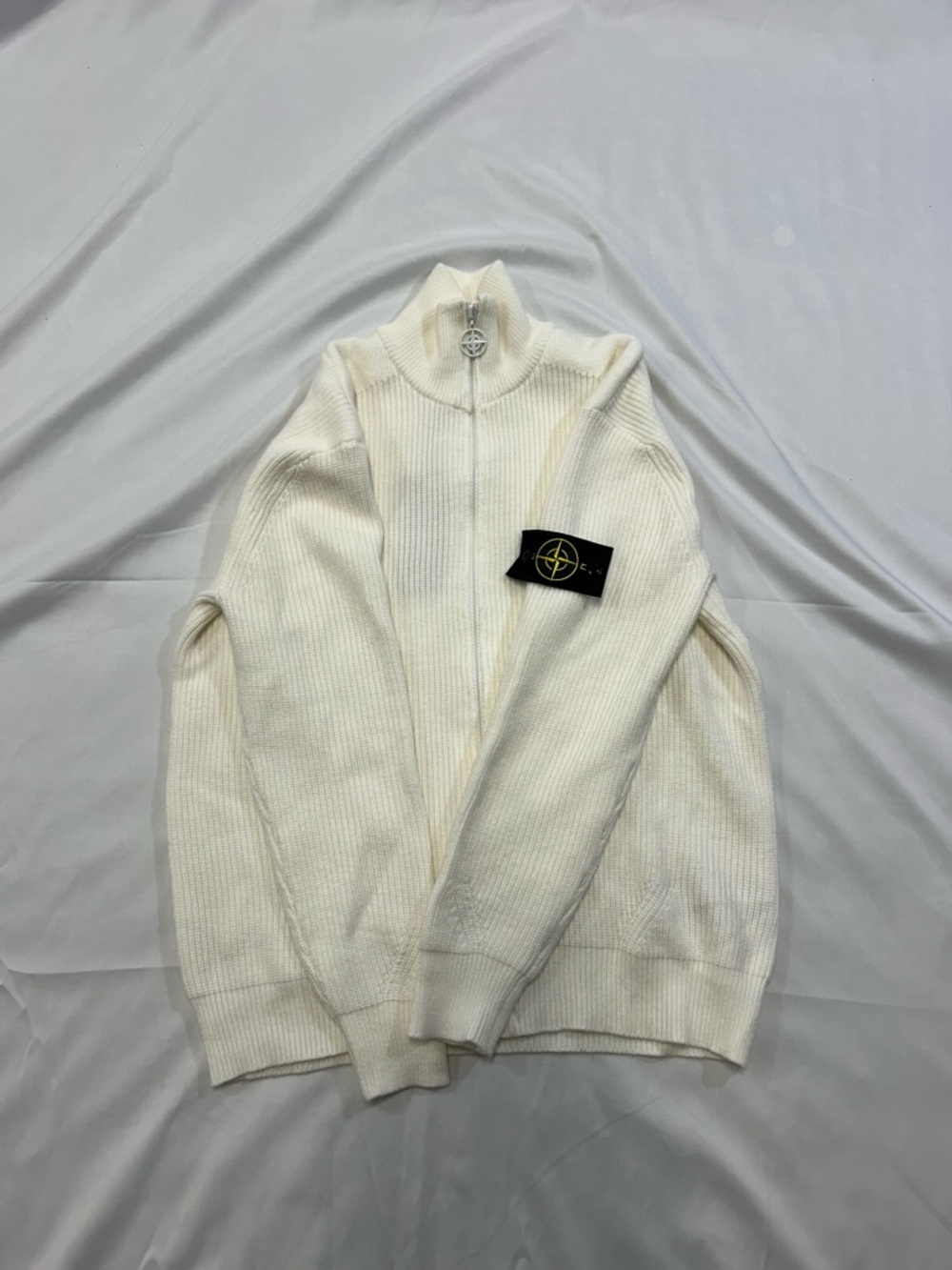 Stone Island Off-White Ribbed Zip-Up Sweater